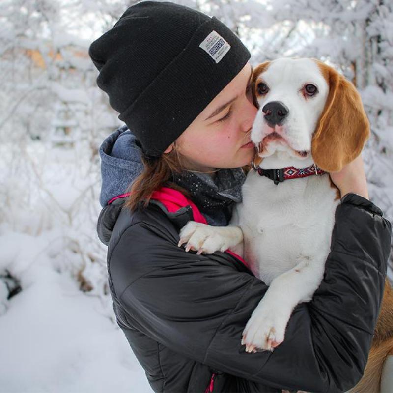 dívka ve sněhu drží svého psa bígla a šeptá mu do ucha