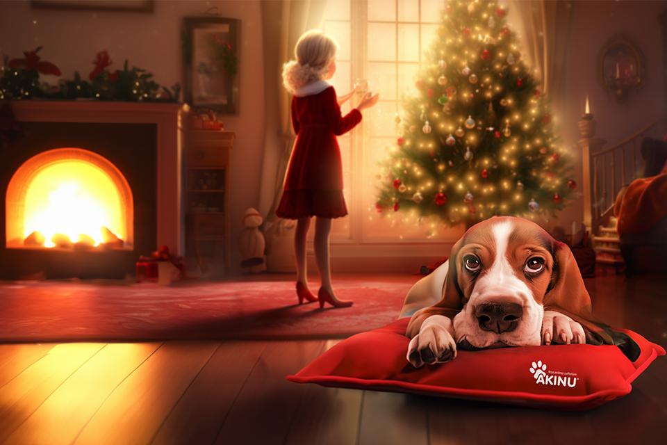 pes max leží na pelíšku akinu a jeho panička zdobí vánoční stromek
