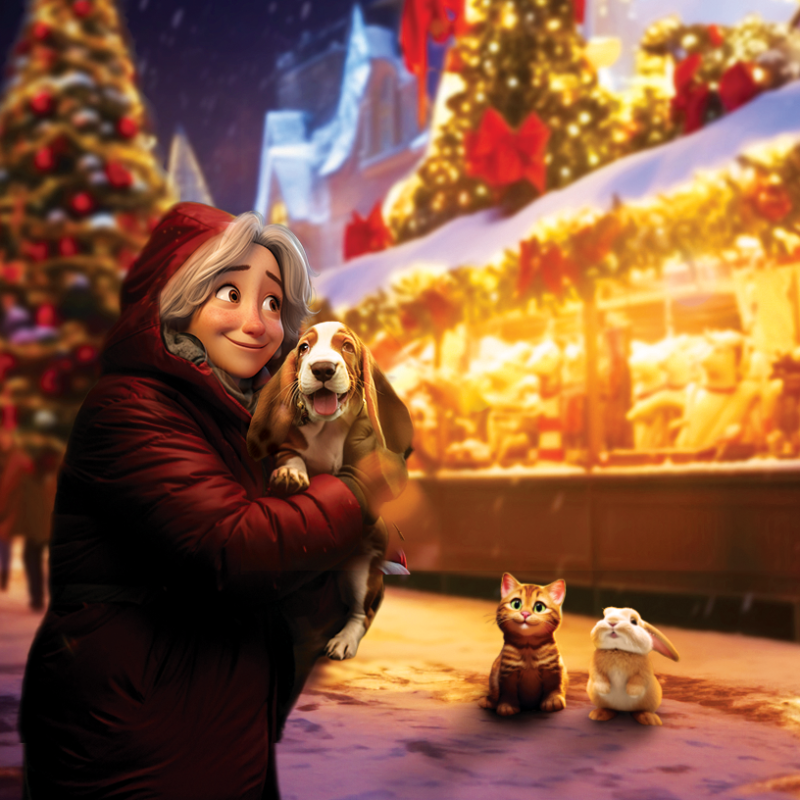 ztracené štěňátko se svými kamarády králíčkem a kočičkou jsou na náměstí s vánočními trhy