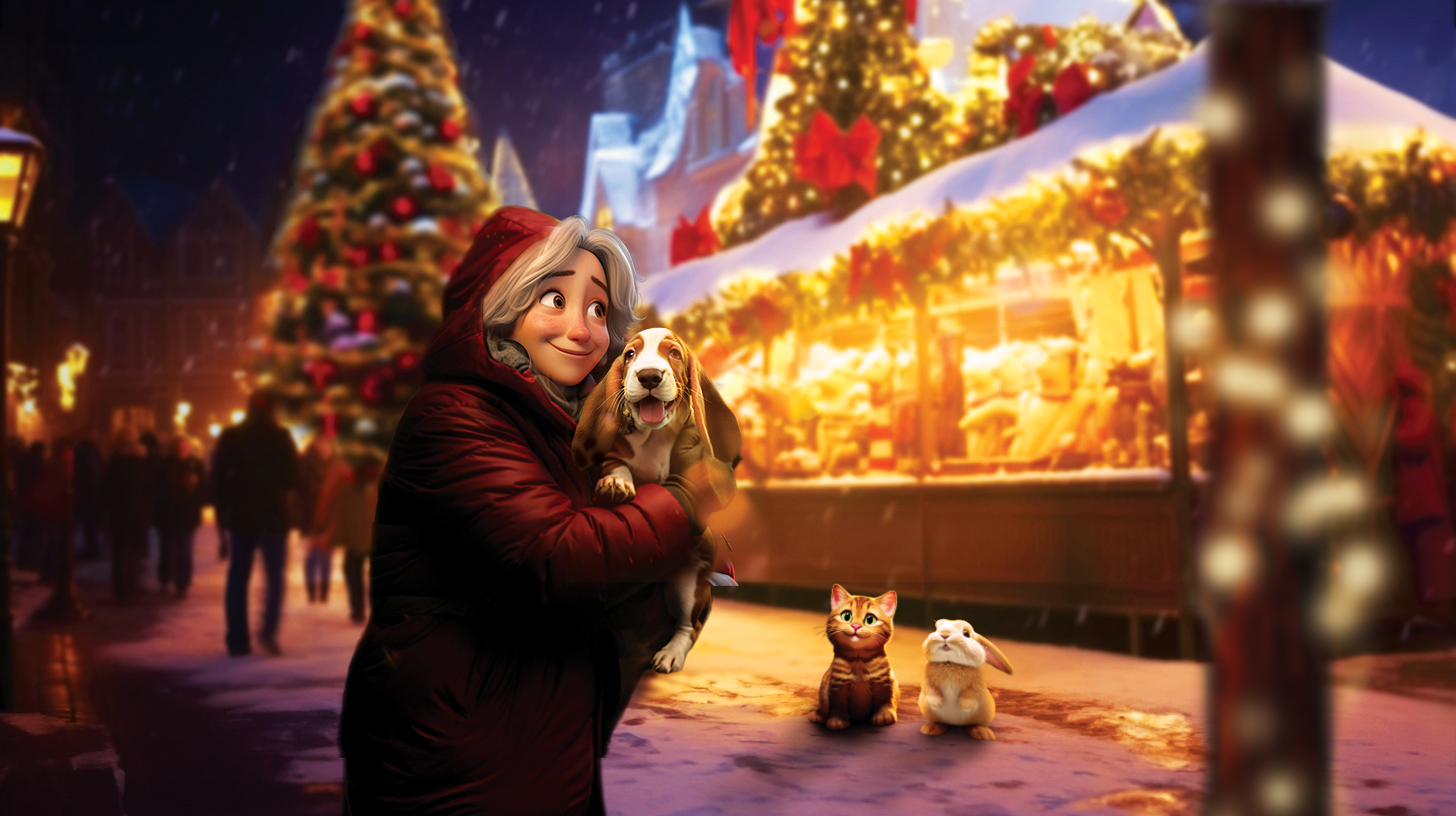 ztracené štěňátko se svými kamarády králíčkem a kočičkou jsou na náměstí s vánočními trhy
