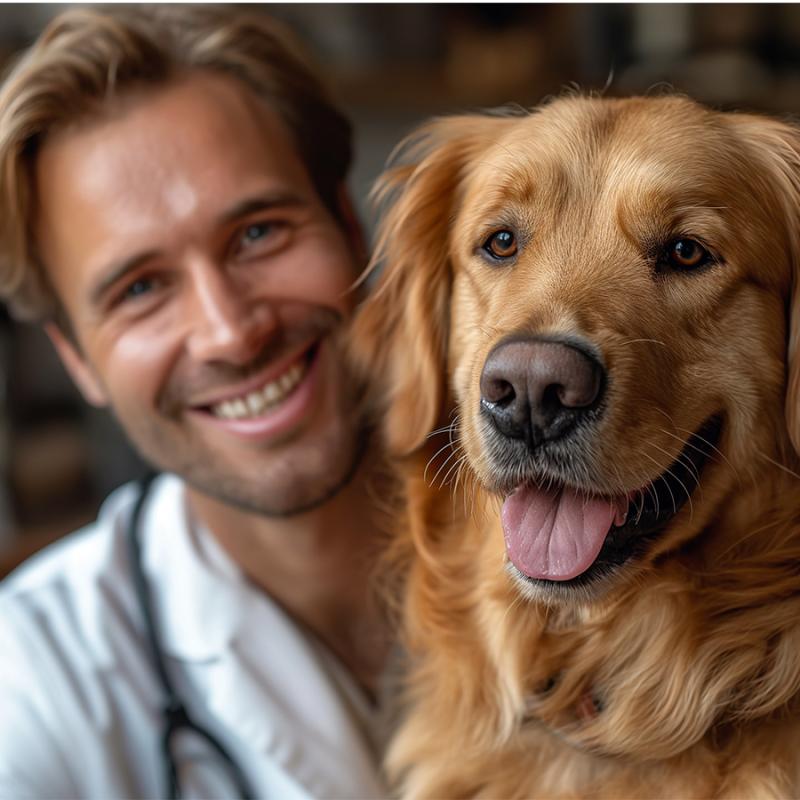 pes na návštěvě u veselého veterinárního lékaře