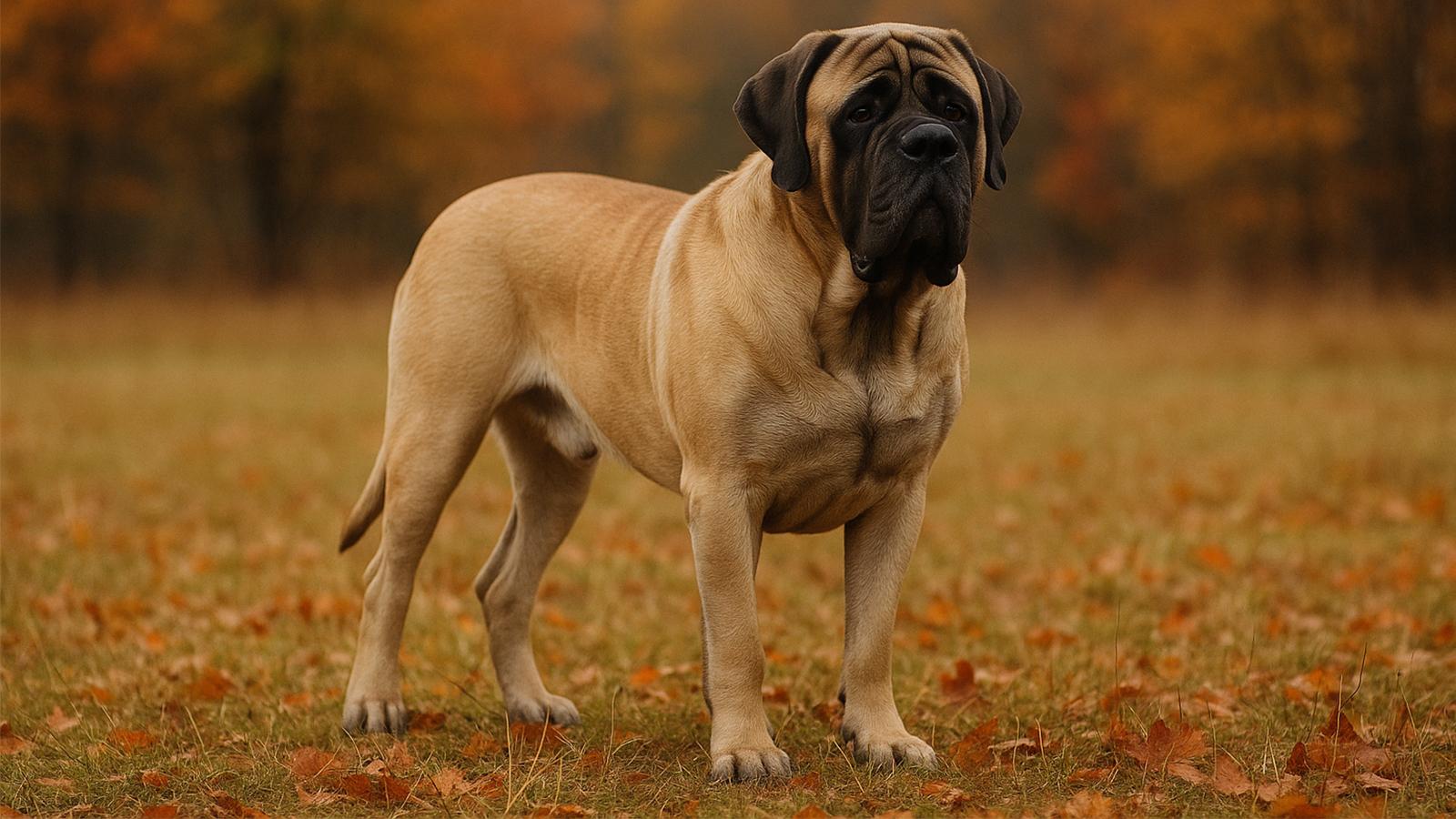 anglický mastif stojí v podzimním parku