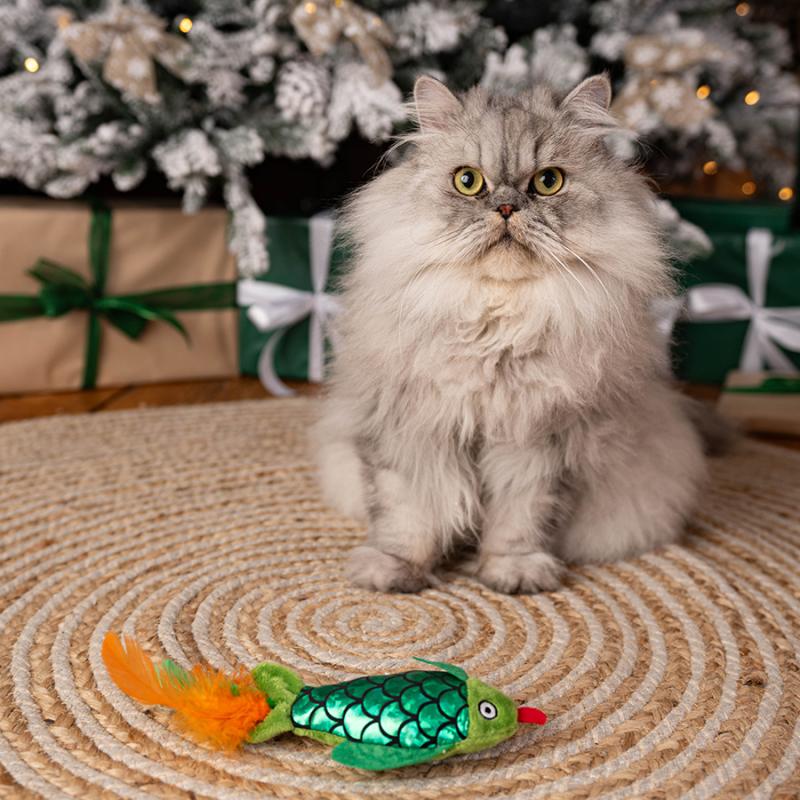 kočka sedí u stromečky s dárkem a má hračku kapra